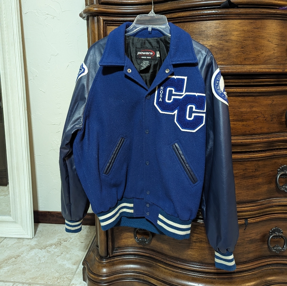 Vintage Powers Varsity Letterman Jacket Men Sz M Blue Leather Wool